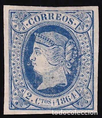 Sellos: ESPA&Ntilde;A, 1864 EDIFIL N&ordm; 63 /*/, 2 cu. azul.