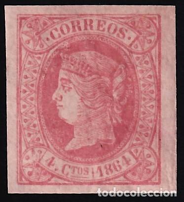 Sellos: ESPA&Ntilde;A, 1864 EDIFIL N&ordm; 64 /**/, 4 cu. rojo s. salm&oacute;n, [SIN FIJASELLOS.]