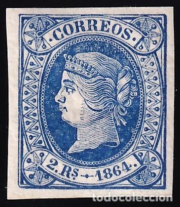 Sellos: ESPA&Ntilde;A, 1864 EDIFIL N&ordm; 68 /*/, 2 r. azul