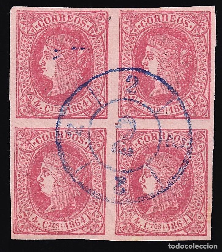 Sellos: ESPA&Ntilde;A, 1864 EDIFIL N&ordm; 64, 4 cu. rojo s. salm&oacute;n, [Marca Rueda de Carreta 2, BARCELONA en azul.)