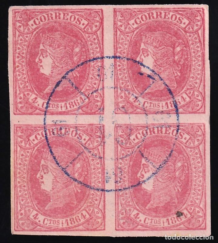 Sellos: ESPA&Ntilde;A, 1864 EDIFIL N&ordm; 64, 4 cu. rojo s. salm&oacute;n, [Marca Rueda de Carreta 61, LA JUNQUERA en azul.)