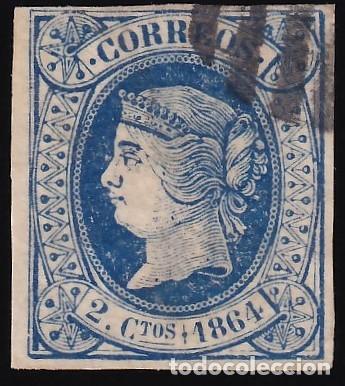 Sellos: ESPA&Ntilde;A, 1864 EDIFIL N&ordm; 63, 2 cu. azul.