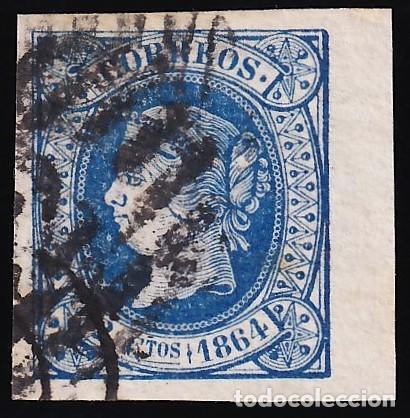 Sellos: ESPA&Ntilde;A, 1864 EDIFIL N&ordm; 63, 2 cu. azul. [Borde Hoja.]