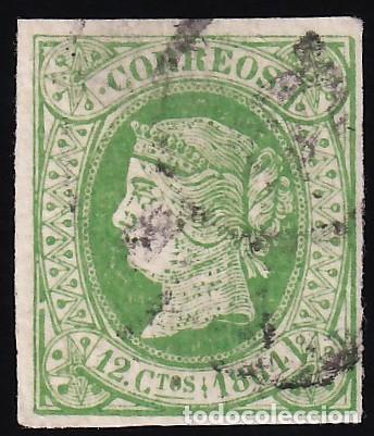 Sellos: ESPA&Ntilde;A, 1864 EDIFIL N&ordm; 65, 12 cu. verde.
