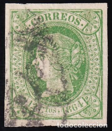 Sellos: ESPA&Ntilde;A, 1864 EDIFIL N&ordm; 65, 12 cu. verde.