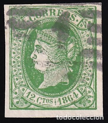 Sellos: ESPA&Ntilde;A, 1864 EDIFIL N&ordm; 65, 12 cu. verde.