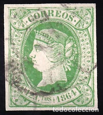 Sellos: ESPA&Ntilde;A, 1864 EDIFIL N&ordm; 65, 12 cu. verde.