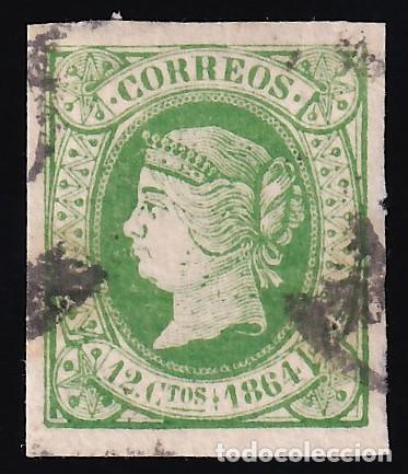 Sellos: ESPA&Ntilde;A, 1864 EDIFIL N&ordm; 65, 12 cu. verde.