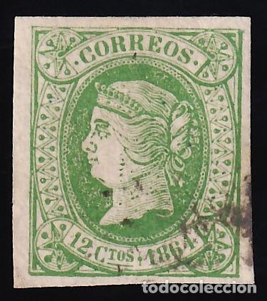 Sellos: ESPA&Ntilde;A, 1864 EDIFIL N&ordm; 65, 12 cu. verde.