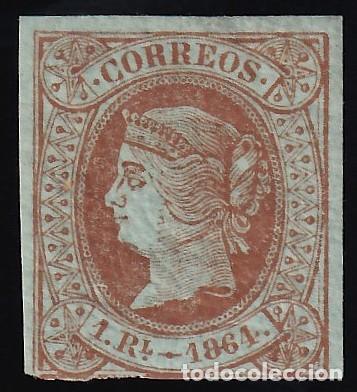 Sellos: ESPA&Ntilde;A, 1864 EDIFIL N&ordm; 67 /*/. 1 r casta&ntilde;o s. verde.