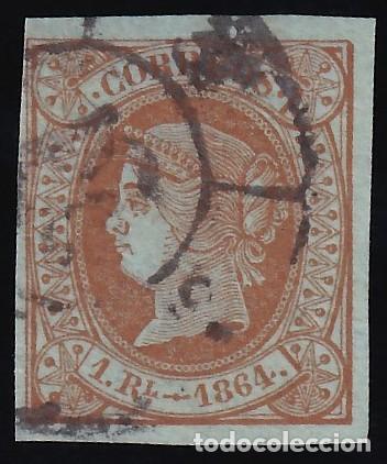 Sellos: ESPA&Ntilde;A, 1864 EDIFIL N&ordm; 67, 1 r. casta&ntilde;o,