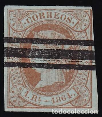 Sellos: ESPA&Ntilde;A, 1864 EDIFIL N&ordm; 67, 1 r. casta&ntilde;o, [Barrado]
