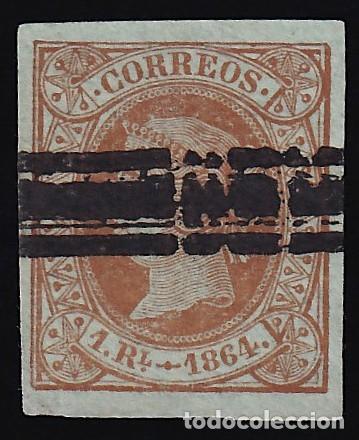 Sellos: ESPA&Ntilde;A, 1864 EDIFIL N&ordm; 67, 1 r. casta&ntilde;o, [Barrado]