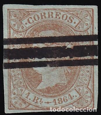 Sellos: ESPA&Ntilde;A, 1864 EDIFIL N&ordm; 67, 1 r. casta&ntilde;o, [Barrado]