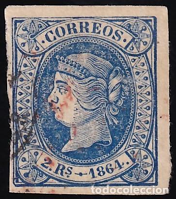 Sellos: ESPA&Ntilde;A, 1864 EDIFIL N&ordm; 68, 2 r. azul