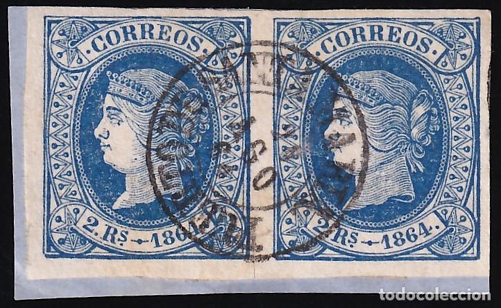 Sellos: ESPA&Ntilde;A, 1864 EDIFIL N&ordm; 68, 2 r. azul, [Pareja, Mat. Fechador. Puerto de Santa Maria.]