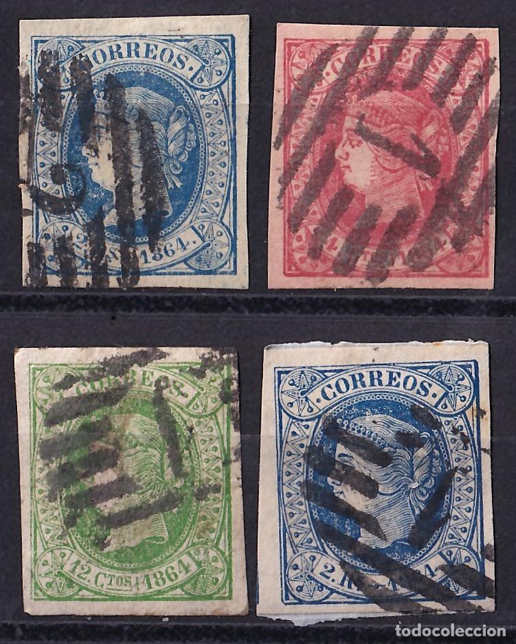 Sellos: ESPA&Ntilde;A, 1864 EDIFIL N&ordm; 63, 64, 65, 68, [Mat. Parrilla con Cifra.]