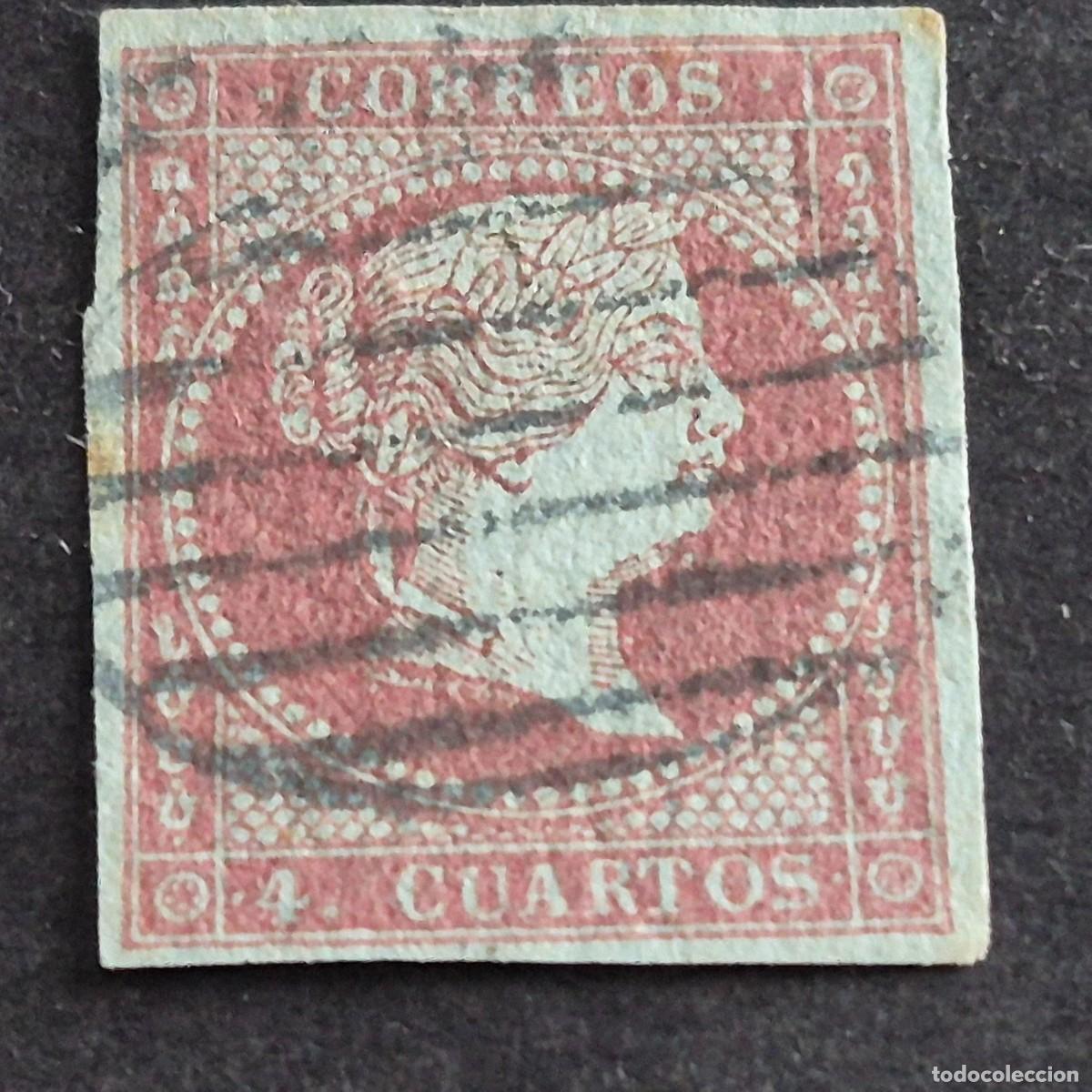 Sellos: ESPA&Ntilde;A, 1855, ISABEL II, FILIGRANA LAZOS, EDIFIL 40, MATASELLO PARRILLA NEGRA, ( LOTE AR )