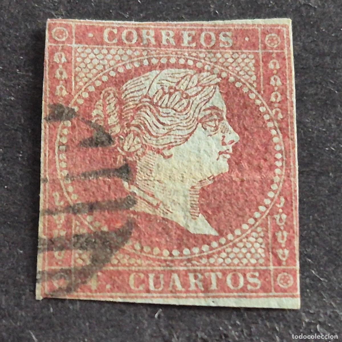 Sellos: ESPA&Ntilde;A, 1855, ISABEL II, FILIGRANA LAZOS, EDIFIL 40, MATASELLO PARRILLA NEGRA, ( LOTE AR )