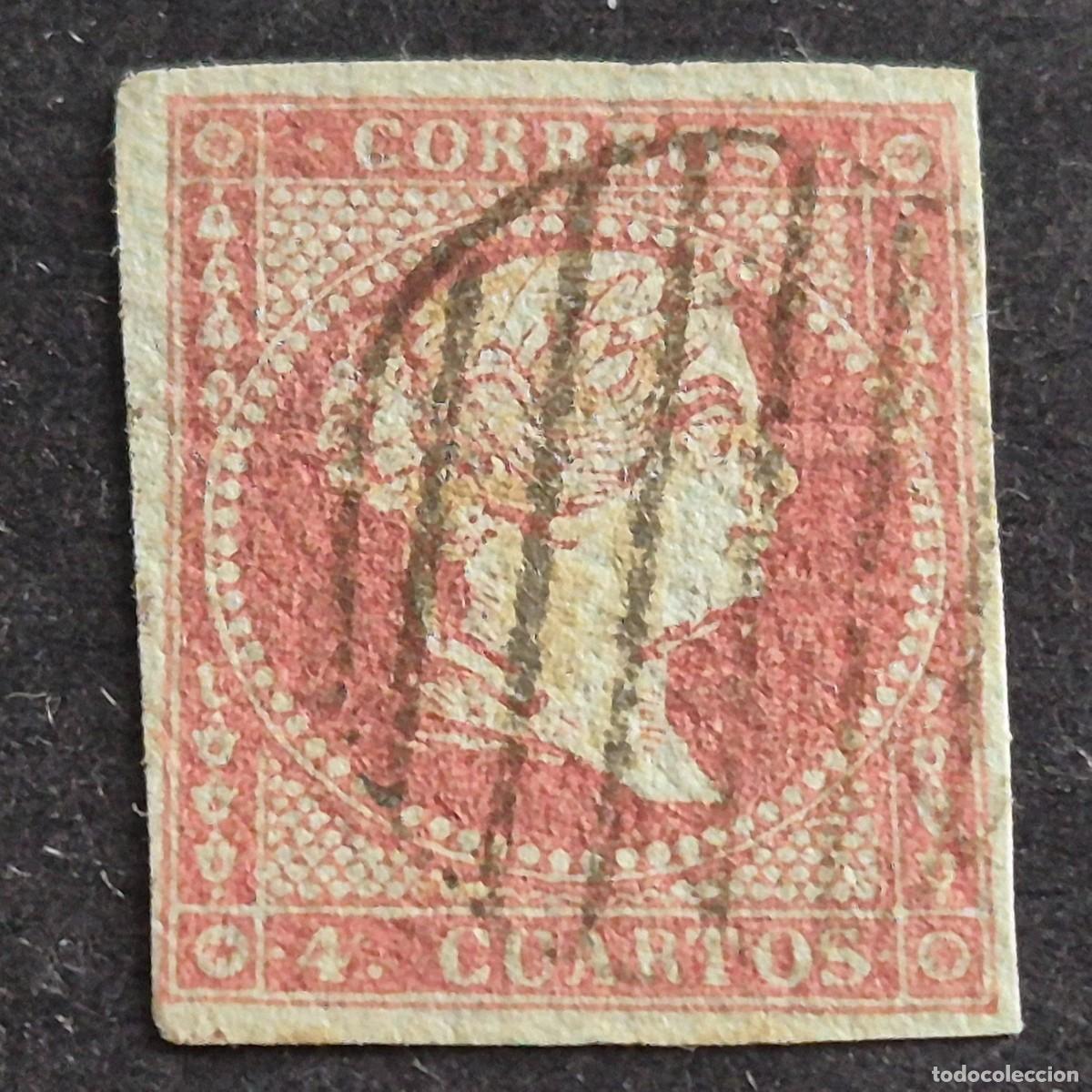 Sellos: ESPA&Ntilde;A, 1855, ISABEL II, FILIGRANA LAZOS, EDIFIL 40, MATASELLO PARRILLA NEGRA, ( LOTE AR )