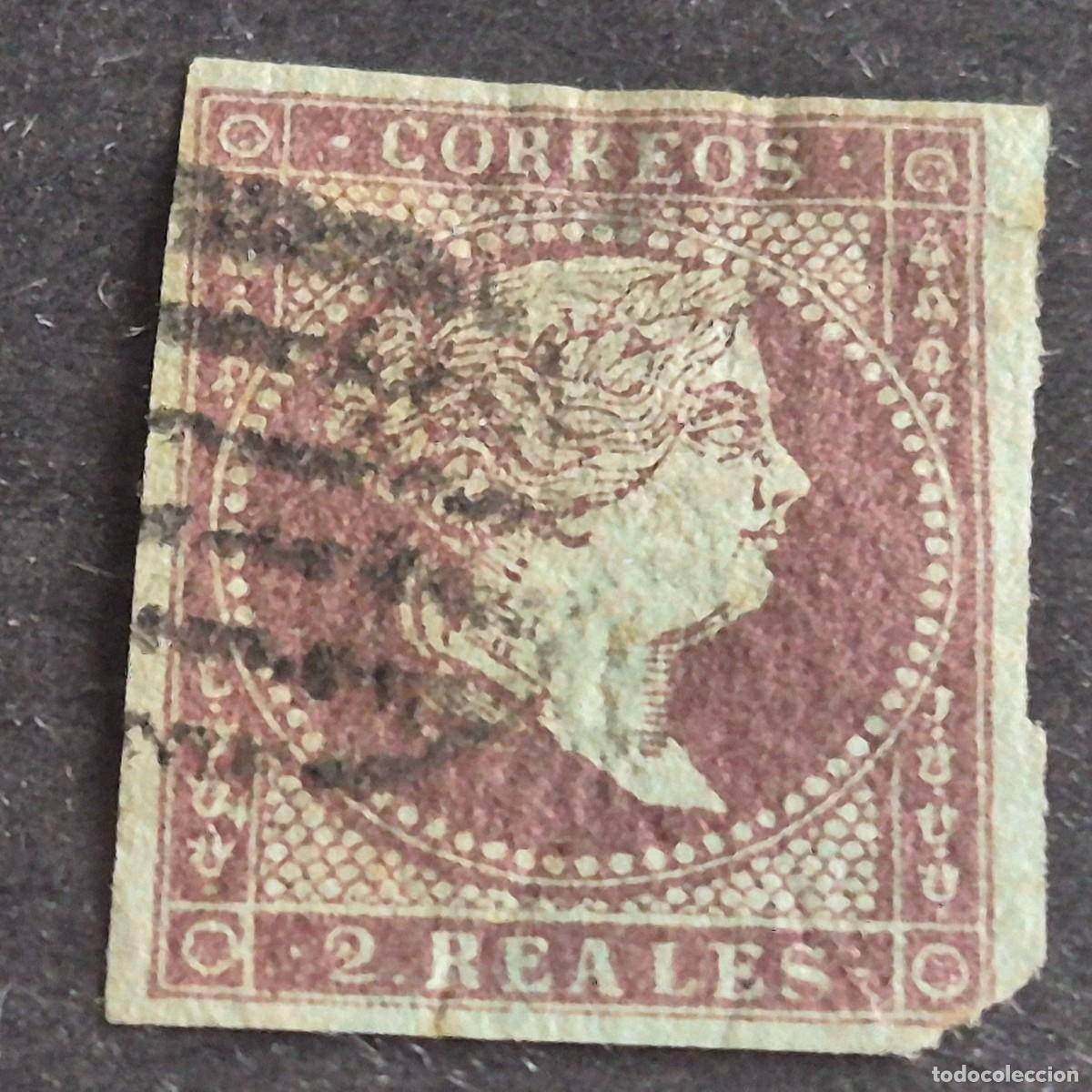 Sellos: ESPA&Ntilde;A, 1855, ISABEL II, FILIGRANA LAZOS, EDIFIL 42, MATASELLO PARRILLA NEGRA, ( LOTE AR )