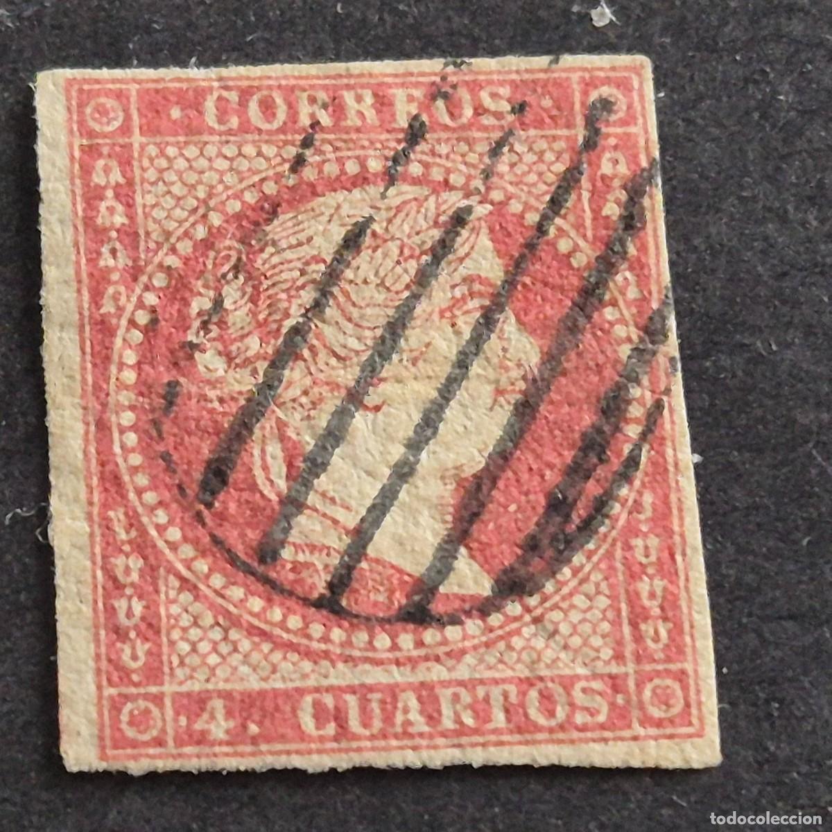 Sellos: ESPA&Ntilde;A, 1855, ISABEL II, FILIGRANA L&Iacute;NEAS CRUZADAS, EDIFIL 44, MATASELLO PARRILLA NEGRA, ( LOTE AR )