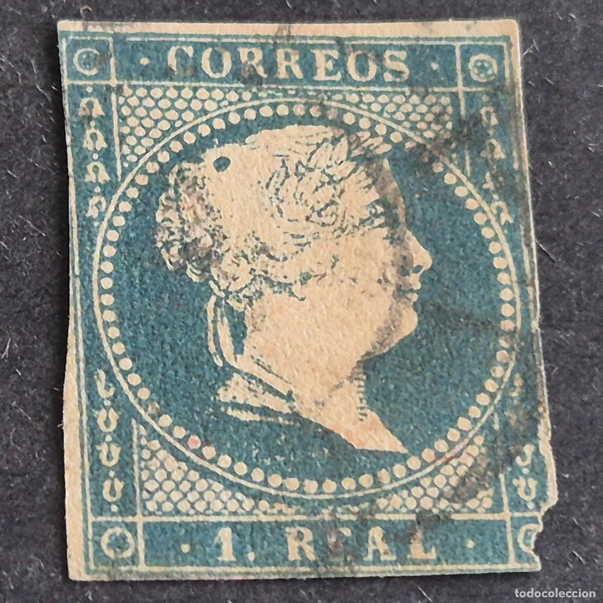Sellos: ESPA&Ntilde;A, 1856, ISABEL II, SIN FILIGRANA, EDIFIL 49, MATASELLO RUEDA CARRETA NEGRA, ( LOTE AR )