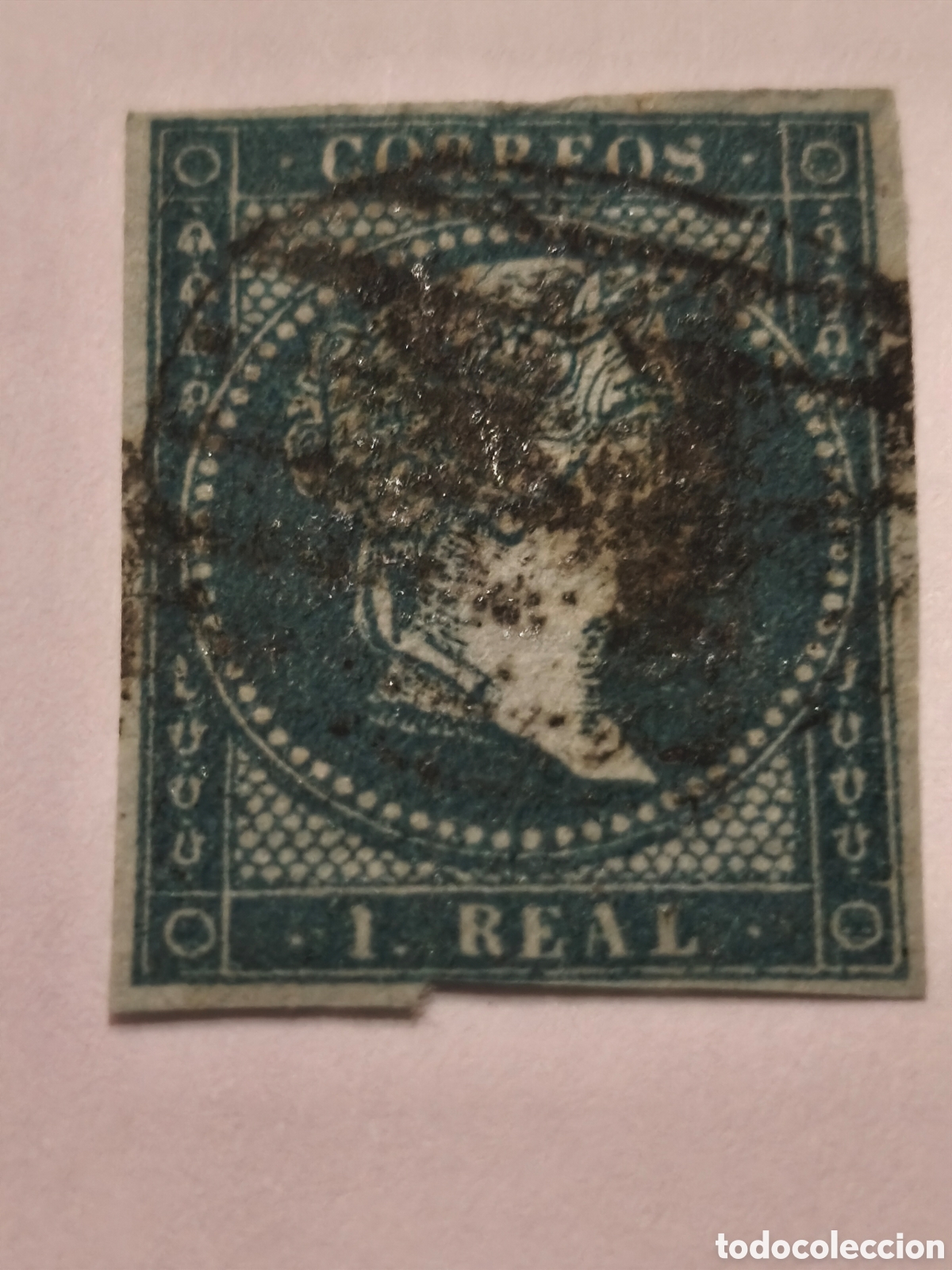 Sellos: Sello cl&aacute;sico de Espa&ntilde;a n 41 papel verdoso ,filigrana lazos 1 real azul verdoso ver,parrilla