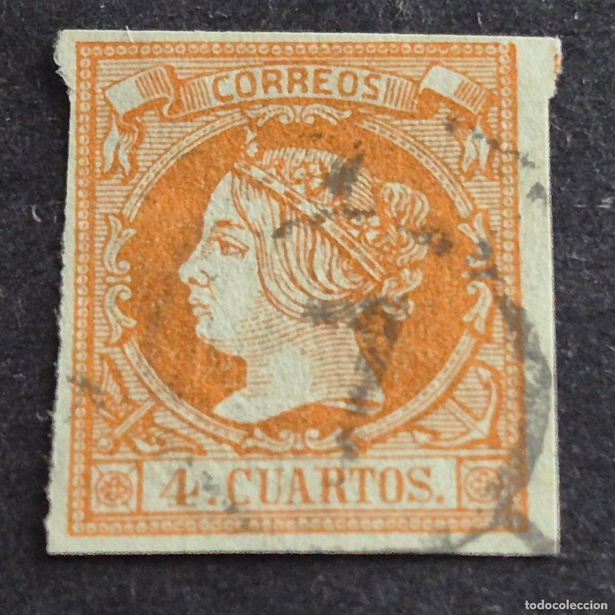 Sellos: ESPA&Ntilde;A, 1860, ISABEL II, EDIFIL 52, MAT. RUEDA DE CARRETA 7 DE SEVILLA, ( LOTE AR )