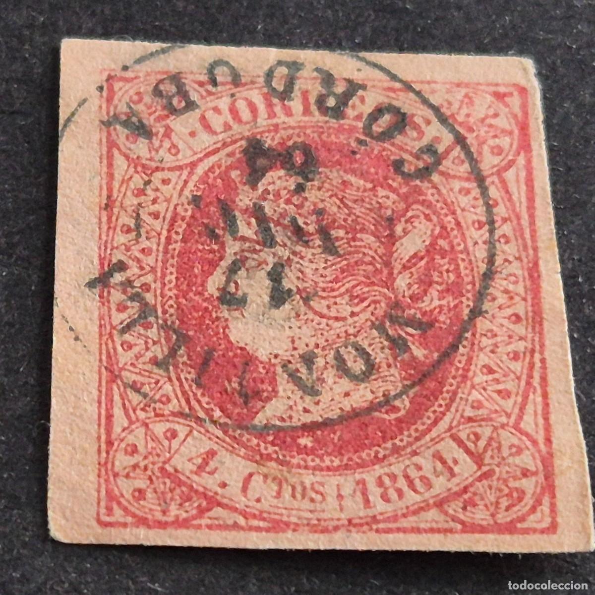 Sellos: ESPA&Ntilde;A, 1864, ISABEL II, EDIFIL 64, MAT. FECHADOR COMPLETO DE MONTILLA, C&Oacute;RDOBA, ( LOTE AR )