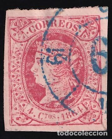 Sellos: ESPA&Ntilde;A, 1864 EDIFIL N&ordm; 64, 4 cu. rojo s. salm&oacute;n, [Mat. Rueda de Carreta 61, La Junquera en Azul .)