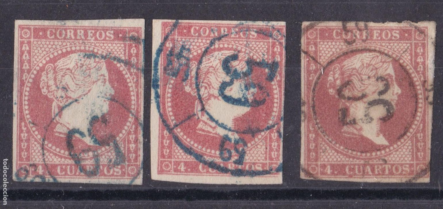Sellos: AA4-Cl&aacute;sicos Edifil 48 x 3 . Rueda Carreta 59 TRUJILLO . NEGRO ; AZUL y VERDE