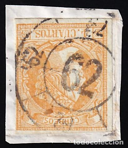 Sellos: ESPA&Ntilde;A, 1860 EDIFIL N&ordm; 52, 4 cu. naranja s. verde, [Mat. Rueda de Carreta 62, TUY]