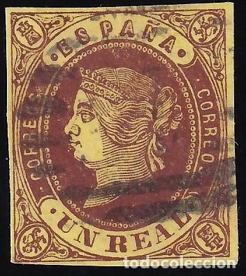 Sellos: ESPA&Ntilde;A, 1862 EDIFIL N&ordm; 61a, 1 r casta&ntilde;o s. amarillo oro,