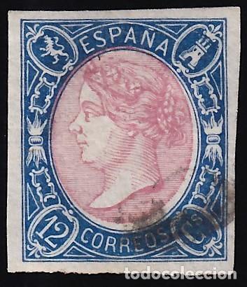 Sellos: ESPA&Ntilde;A, 1865 EDIFIL N&ordm; 70, 12 cu. Azul y rosa.