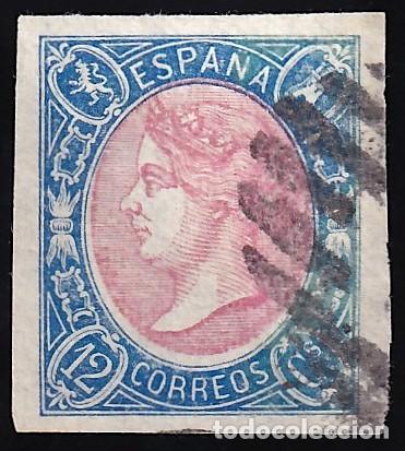 Sellos: ESPA&Ntilde;A, 1865 EDIFIL N&ordm; 70, 12 cu. Azul y rosa.