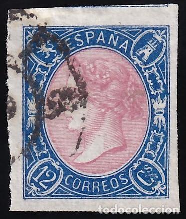 Sellos: ESPA&Ntilde;A, 1865 EDIFIL N&ordm; 70, 12 cu. Azul y rosa.