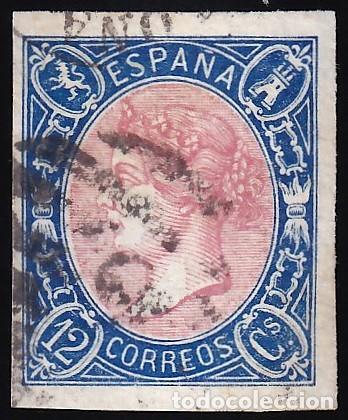 Sellos: ESPA&Ntilde;A, 1865 EDIFIL N&ordm; 70, 12 cu. Azul y rosa.