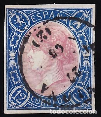 Sellos: ESPA&Ntilde;A, 1865 EDIFIL N&ordm; 70, 12 cu. Azul y rosa.