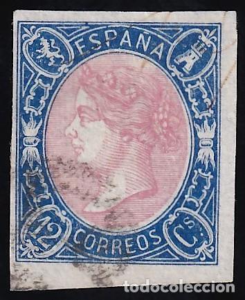 Sellos: ESPA&Ntilde;A, 1865 EDIFIL N&ordm; 70, 12 cu. Azul y rosa.