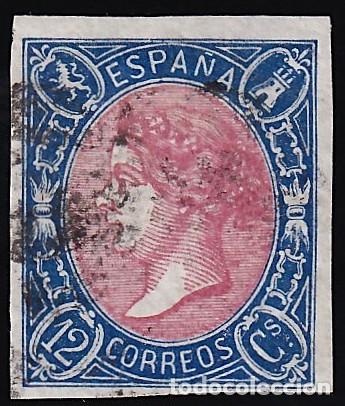Sellos: ESPA&Ntilde;A, 1865 EDIFIL N&ordm; 70a, 12 cu. Azul oscuro y carm&iacute;n