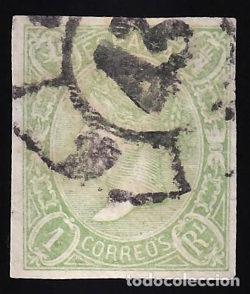 Sellos: ESPA&Ntilde;A, 1865 EDIFIL N&ordm; 72, 1 r. verde. [Mat. Rueda de Carreta 43, SANTANDER.]
