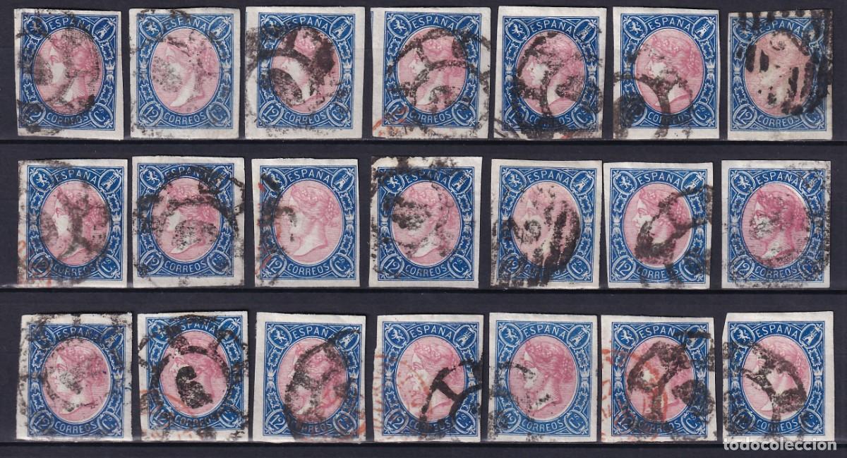 Sellos: ESPA&Ntilde;A, 1865 EDIFIL N&ordm; 70, 12 cu. Azul y rosa.