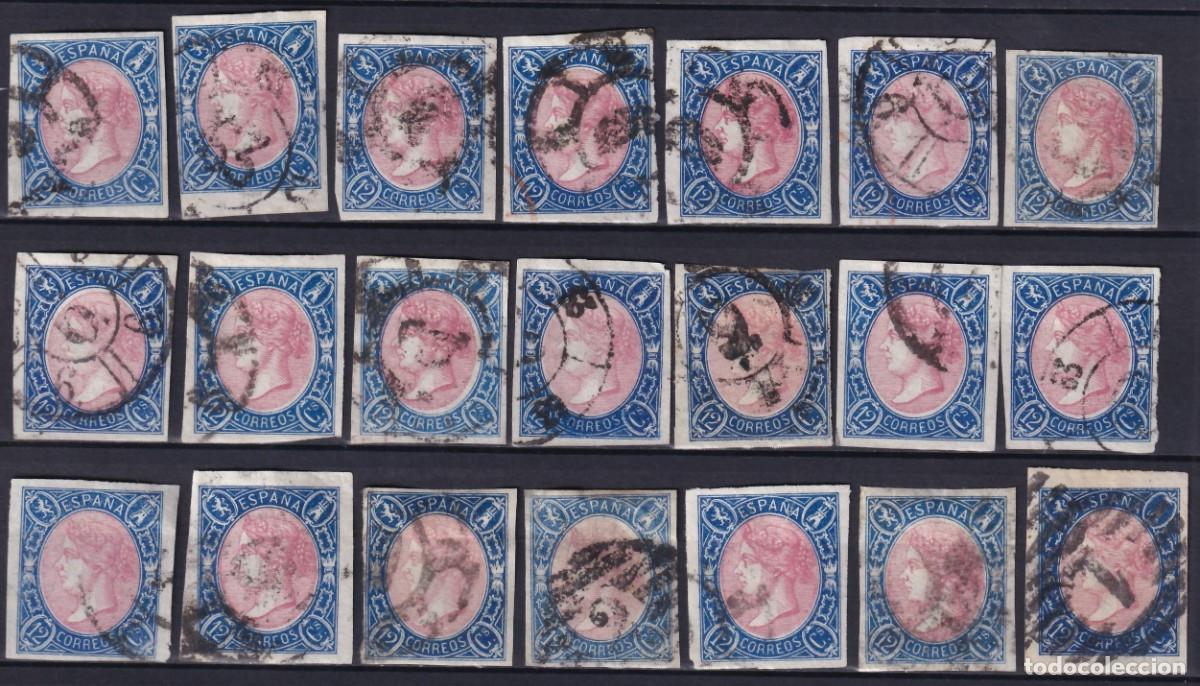 Sellos: ESPA&Ntilde;A, 1865 EDIFIL N&ordm; 70, 12 cu. Azul y rosa.