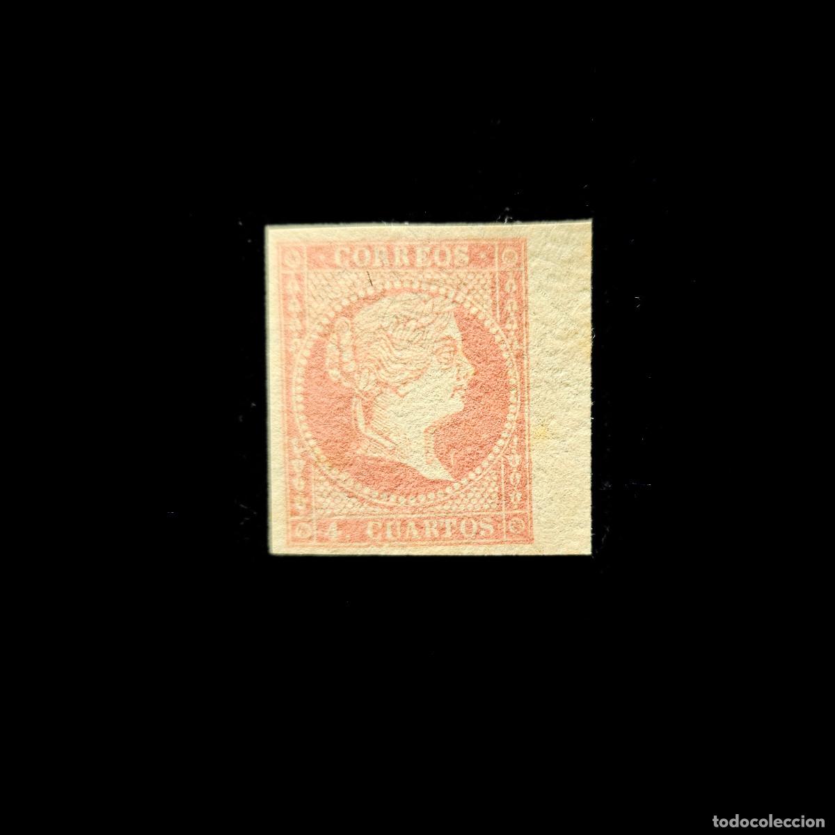 Sellos: (*) ESPA&Ntilde;A, Isabel II 1855, sin dentar, borde de hoja. Ed. 44. 4 cuartos rojo (tipo I)