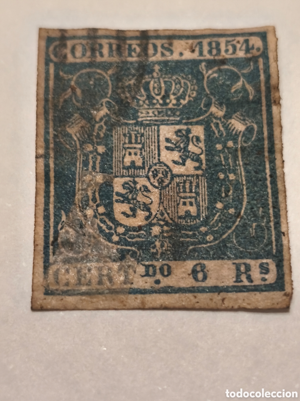 Sellos: Sello cl&aacute;sico de Espa&ntilde;a n 27 usado parrilla negra escaso ,6 reSles azul ver