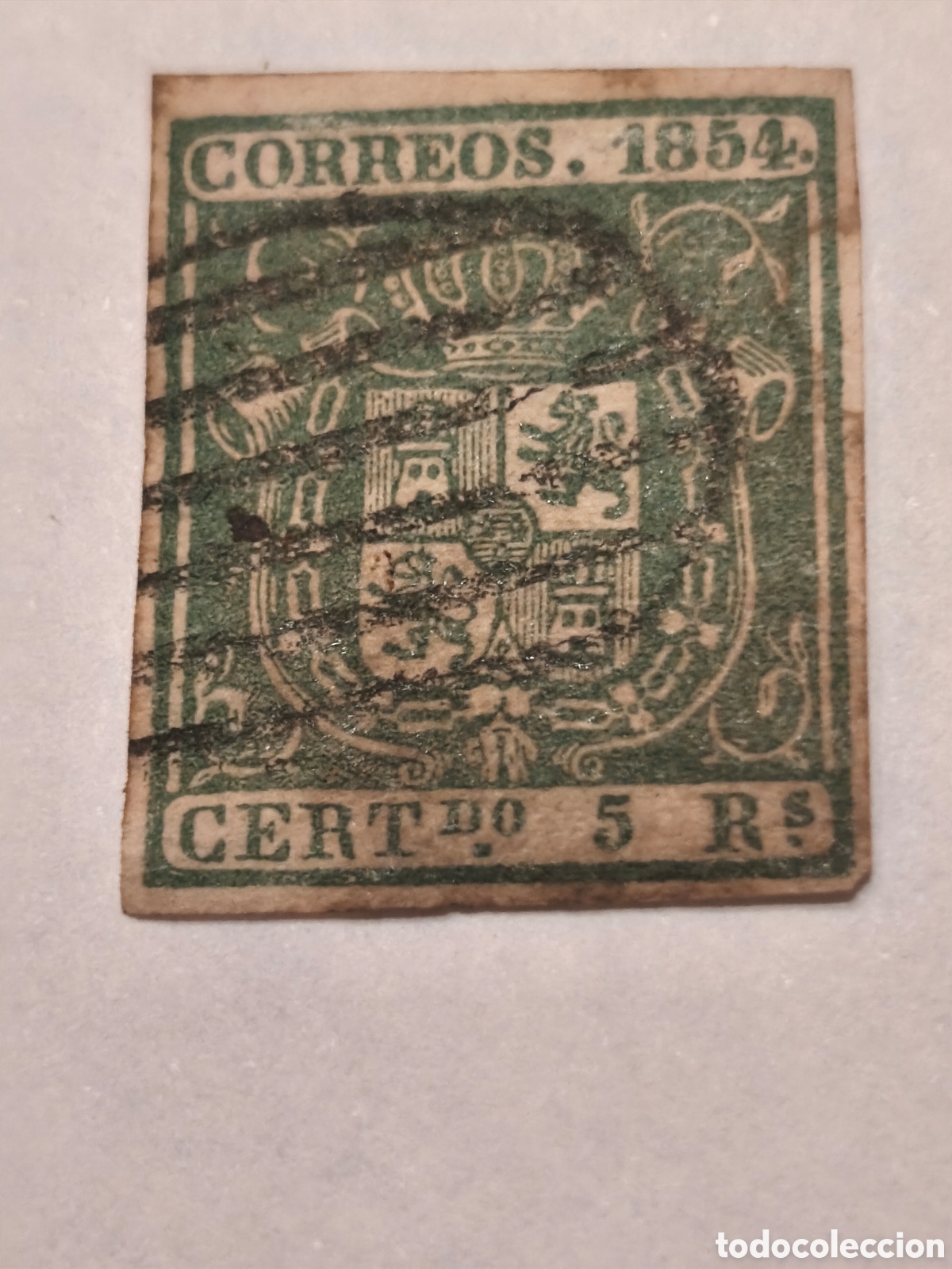 Sellos: Sello cl&aacute;sico de Espa&ntilde;a n 26 usado parrilla negra ,5 reales verde,ver