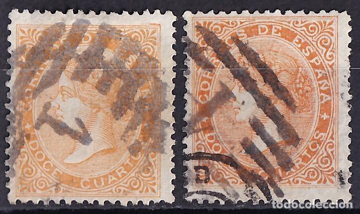 Sellos: ESPA&Ntilde;A, 1867 EDIFIL N&ordm; 89, 89A, 12 cu. amarillo. / naranja.