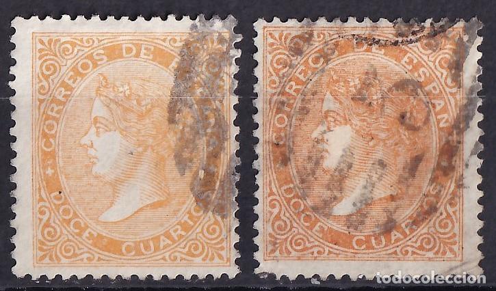 Sellos: ESPA&Ntilde;A, 1867 EDIFIL N&ordm; 89, 89A, 12 cu. amarillo. / naranja.