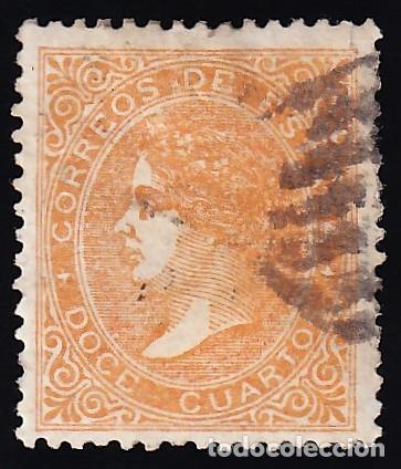 Sellos: ESPA&Ntilde;A, 1867 EDIFIL N&ordm; 89A, 12 cu. naranja